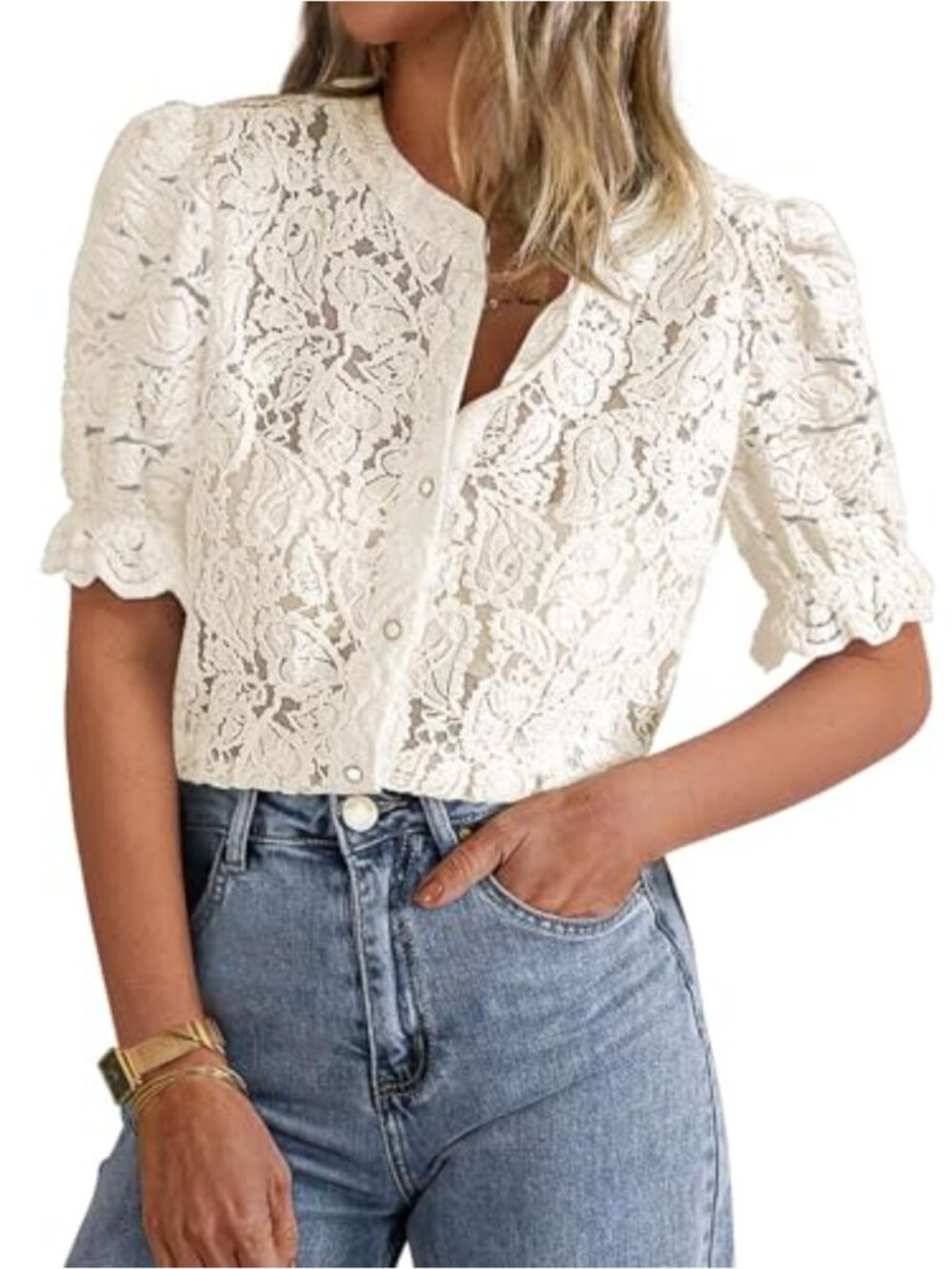 Womens Lace Blouse Short Puff Sleeve Button Down Dressy Top